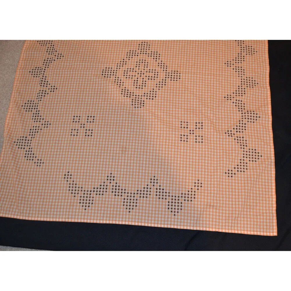 Vintage Tablecloth Orange Gingham Black Cross Stitch